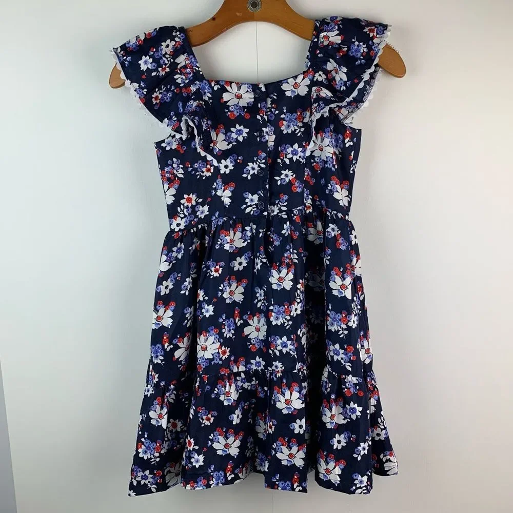 Janie and Jack Girl’s Floral Flutter Sleeve Merchant Marine Floral Dress Size 8